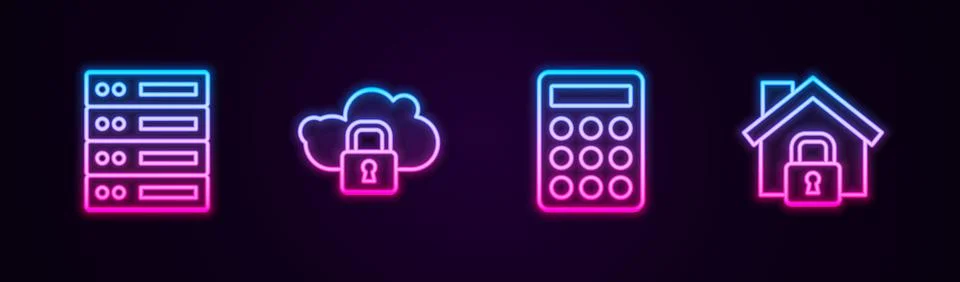 Set line Server, Data, Web Hosting, Cloud computing lock, Password protection Stock Illustration