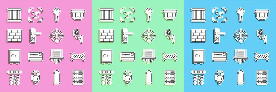 Set line Server, Data, Web Hosting, Barbed wire, Security camera, Key, Door Illustrazione stock