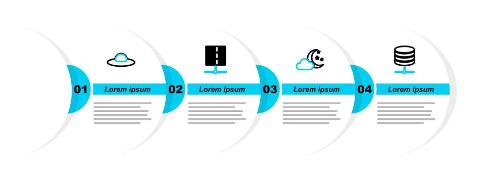 Set line Server, Data, Web Hosting, Cloud with moon and stars, and UFO flying Stock Illustration