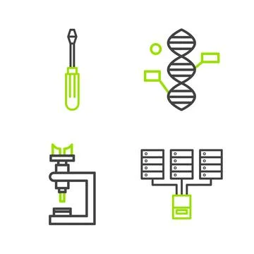 Set line Server, Data, Web Hosting, Microscope, DNA symbol and Screwdriver icon Stock Illustration