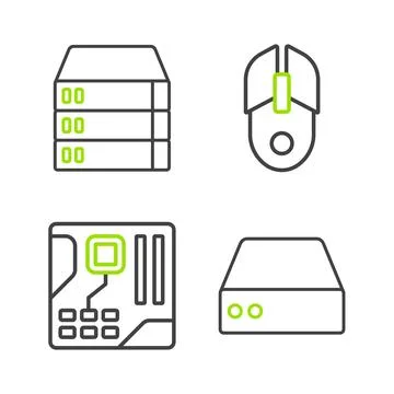 Set line Server, Data, Web Hosting, Motherboard digital chip, Computer mouse and Stock Illustration
