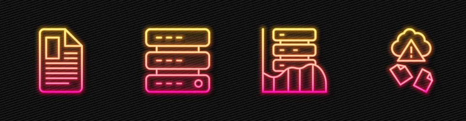 Set line Server, Data, Web Hosting, File document, and Cloud hacking. Glowing Stock Illustration