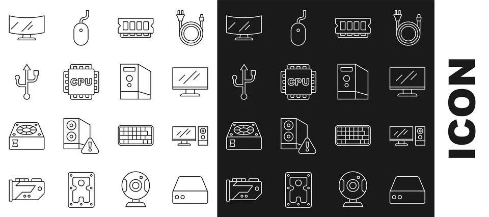 Set line Server, Data, Web Hosting, Computer monitor, screen, RAM, random access Stock Illustration