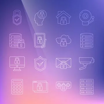Set line Server, Data, Web Hosting, Security camera, House under protection Stock Illustration