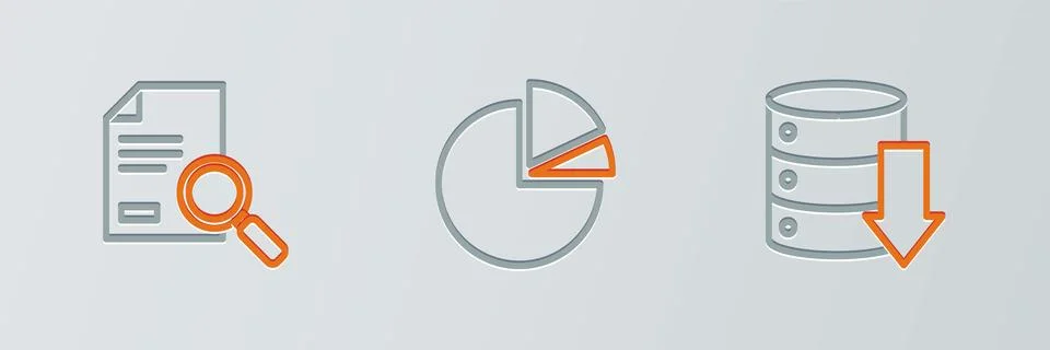 Set line Server, Data, Web Hosting, Document with search and Pie chart Illustrazione stock