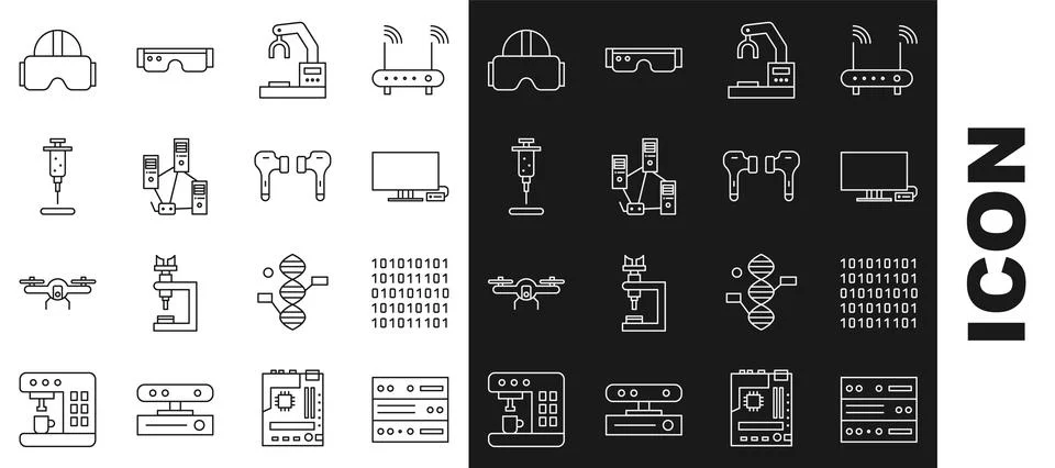 Set line Server, Data, Web Hosting, Binary code, Smart Tv, Robotic robot arm Stock Illustration