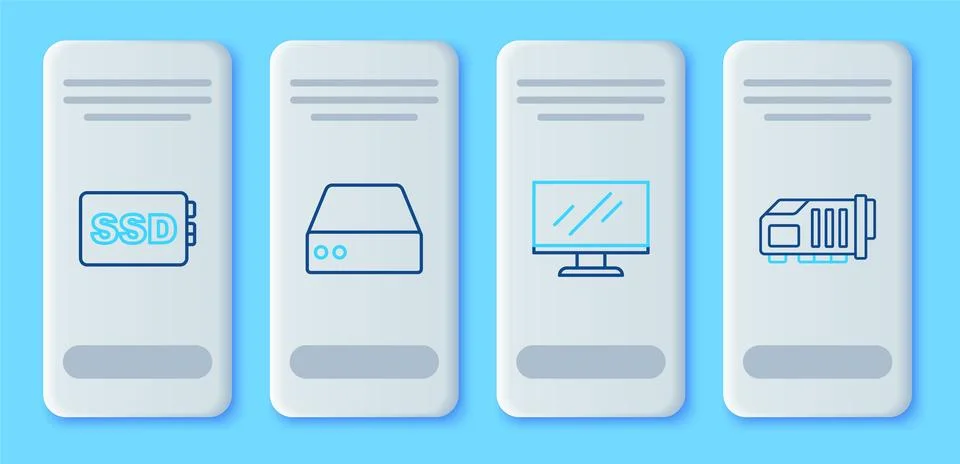 Set line Server, Data, Web Hosting, Computer monitor screen, SSD card and V.. Stock Illustration
