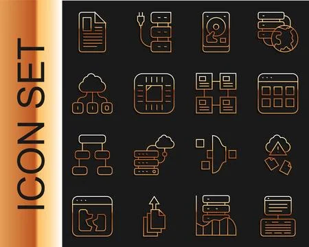 Set line Server, Data, Web Hosting, Cloud hacking, Browser files, Hard disk 스톡 일러스트