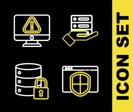 Set line Server Data Web Hosting Browser with shield security lock and Monito Stock Illustration