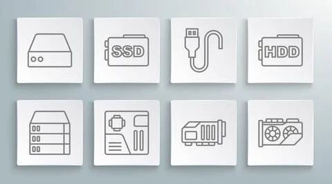 Set line Server, Data, Web Hosting, SSD card, Motherboard digital chip, Video イラスト素材