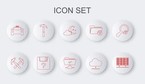 Set line Server, Data, Web Hosting, Two crossed hammers, Cloud with moon and Stock Illustration