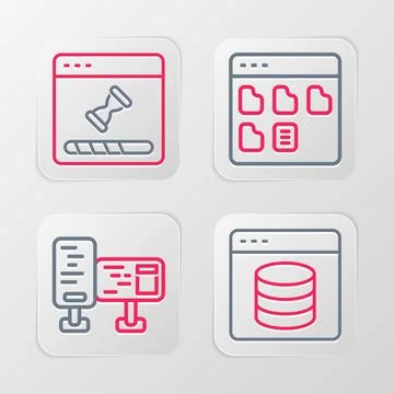 Set line Server Data Web Hosting Computer monitor screen Browser files and Lo Stock Illustration