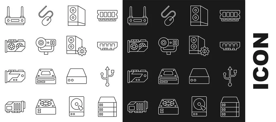 Set line Server, Data, Web Hosting, USB, RAM, random access memory, Case of.. Stock Illustration