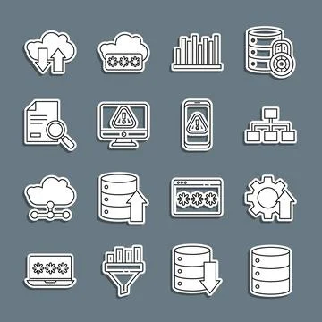 Set line Server, Data, Web Hosting, Arrow growth gear, Hierarchy organogram.. Illustrazione stock
