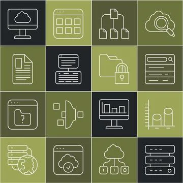 Set line Server, Data, Web Hosting, analysis, Search engine, Folder tree, F.. 스톡 일러스트