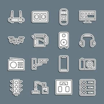 Set line Server, Data, Web Hosting, Photo camera, Headphones, Remote contro.. 스톡 일러스트
