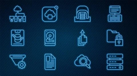 Set line Server, Data, Web Hosting, Folder and lock, Hangar with servers, H.. Stock Illustration