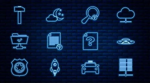 Set line Server, Data, Web Hosting, UFO flying spaceship, Unknown search, d.. Illustrazione stock