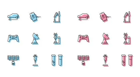 Set line Server, Data, Web Hosting, Syringe, Electric car, Test tube and fl.. Illustrazione stock