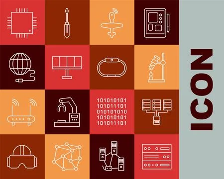 Set line Server, Data, Web Hosting, Test tube flask on fire, UAV Drone, Sol.. Stock Illustration