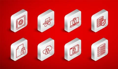 Set line Server, Data, Web Hosting, Incognito mode, Laptop and lock, with s.. Stock Illustration