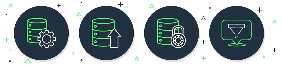 Set line Server, Data, Web Hosting, security with lock, and gear and Locati.. Stockillustratie