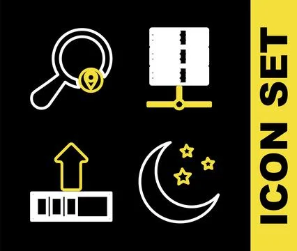 Set line Server, Data, Web Hosting, Moon and stars, Loading and Search loca.. Stock Illustration