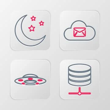 Set line Server, Data, Web Hosting, UFO flying spaceship, Cloud mail server.. Stockillustratie