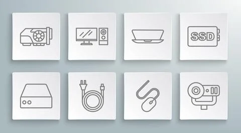 Set line Server, Data, Web Hosting, Computer monitor, Electric plug, mouse,.. Stock Illustration