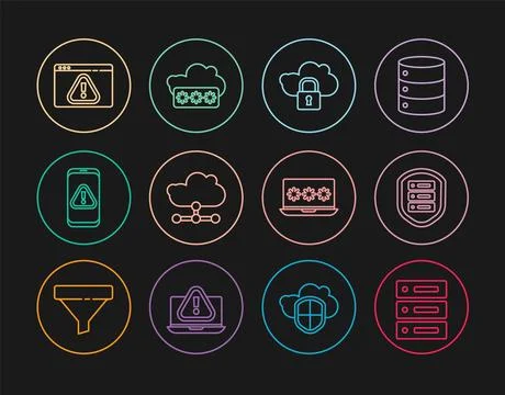 Set line Server, Data, Web Hosting, with shield, Cloud computing lock, Netw.. Illustrazione stock