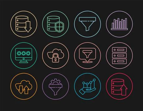 Set line Server, Data, Web Hosting, Sales funnel, Cloud computing lock, Mon.. Stock Illustration