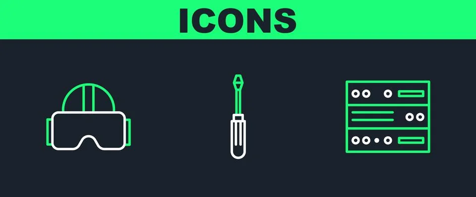 Set line Server, Data, Web Hosting, Virtual reality glasses and Screwdriver.. Stock Illustration