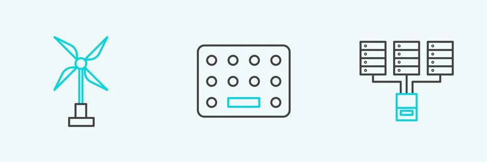 Set line Server, Data, Web Hosting, Wind turbine and Pills blister pack ico.. Stock Illustration