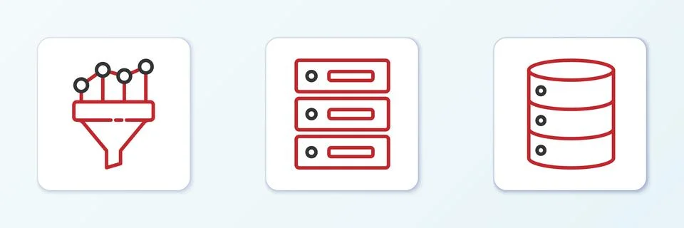 Set line Server, Data, Web Hosting, Sales funnel with chart and  icon. Vector Stock Illustration