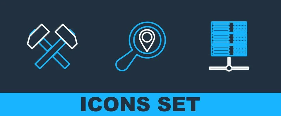 Set line Server, Data, Web Hosting, Two crossed hammers and Search location.. Illustrazione stock