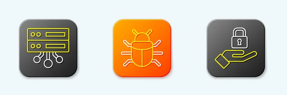 Set line Server, Data, Web Hosting, System bug and Lock hand icon. Vector Stock-Illustration