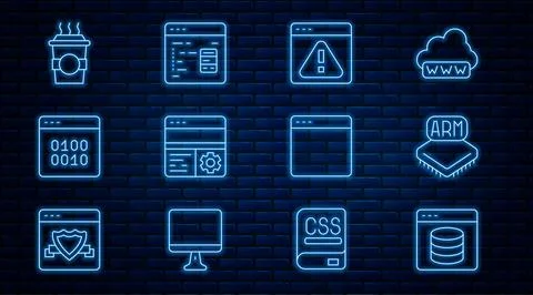 Set line Server, Data, Web Hosting, Processor, Browser with exclamation mar.. 스톡 일러스트