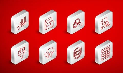 Set line Server, Data, Web Hosting, Magnifying glass and gear, Document wit.. Illustrazione stock