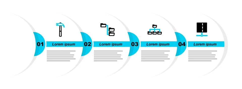 Set line Server, Data, Web Hosting, Folder tree,  and Hammer icon. Vector Stock Illustration