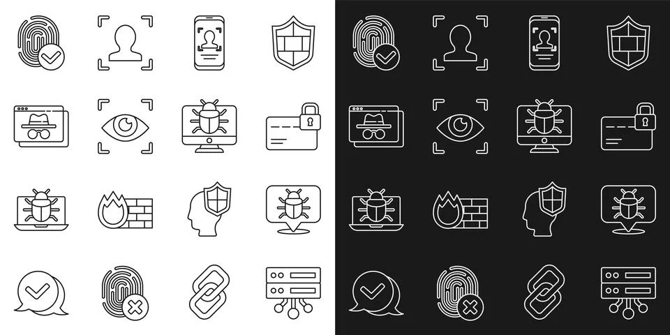 Set line Server, Data, Web Hosting, System bug, Credit card with lock, Mobi.. 库存插图