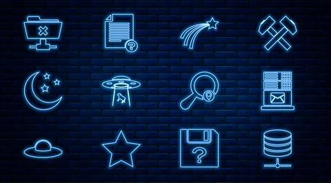 Set line Server, Data, Web Hosting, Mail server, Falling star, UFO abducts .. 스톡 일러스트