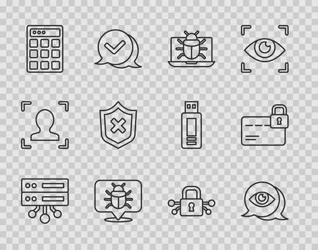 Set line Server, Data, Web Hosting, Eye scan, System bug on monitor, Passwo.. Illustrazione stock