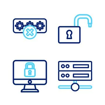 Set line Server, Data, Web Hosting, Lock on computer monitor, Open padlock .. Illustrazione stock
