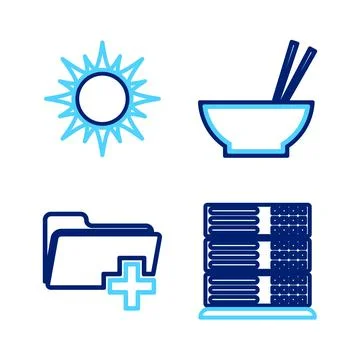 Set line Server, Data, Web Hosting, Add new folder, Bowl with chopsticks an.. Illustrazione stock