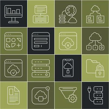Set line Server, Folder and lock, Cloud technology data transfer, Network c.. Stock Illustration