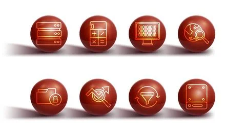 Set line Server, Folder and lock, Search globe, Sales funnel with chart, da.. 스톡 일러스트