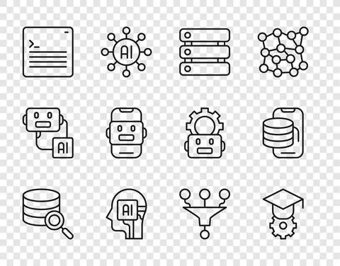 Set line Server, Graduation cap, Data, Humanoid robot, Web developer programming 스톡 일러스트