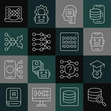 Set line Server, Graduation cap, Chat bot, Humanoid robot, Neural network,  a Stockillustratie