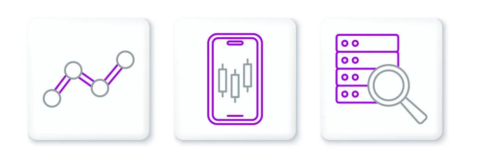 Set line Server, Graph chart infographic and Mobile stock trading icon. Vecto Stock Illustration
