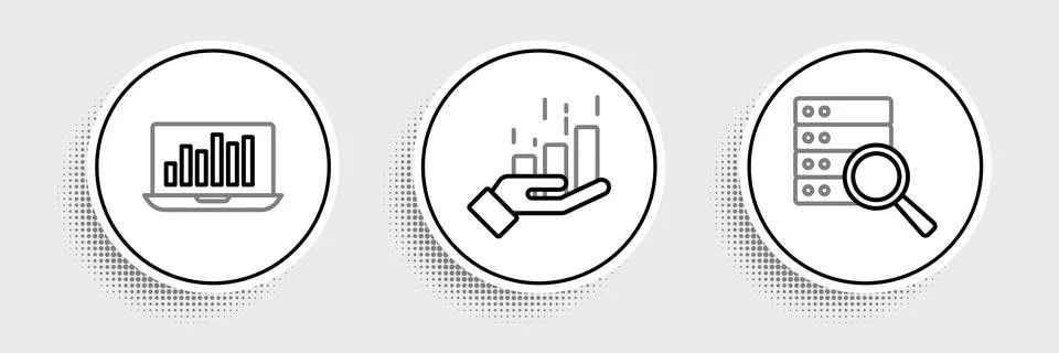 Set line Server, Laptop with graph chart and Financial growth icon. Vector Illustrazione stock